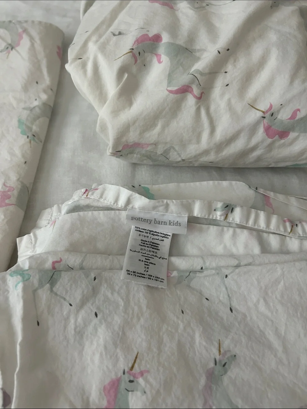 Pottery Barn Kids White Set of Sheets for Twin Bed with Pink & Teal Unicorns